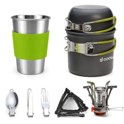 Abbildung von Odoland Camping Geschirr Set 10 teiliges Outdoor Kochgeschirr Aluminium Töpfe Becher Faltbare Besteck Mini Campingkocher für Picknick Wandern