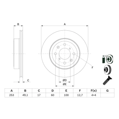 Abbildung von BOSCH 0 986 479 E75 Bremsscheibe 253 17 4 100 Belüftet beschichtet mit Schrauben SUZUKI: IGNIS 2, Wagon R+ II Hatchback, SUBARU: JUSTY 3
