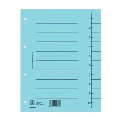 Abbildung von DONAU 8610001 10 100er Pack Trennblätter, Farbe: Blau/ Karton Register überbreit Aus Recycling 250 g/qm mit Linienaufdruck für DIN A4 4 Fach Lochung Trennlaschen Trennblätter Ordner