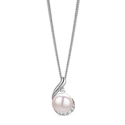Abbildung von OROVI Schmuck Damen Perlenkette mit Einer weißen Süßwasser Zuchtperle umgeben von Zirkonia in Brillantschliff Zeitlose Klassische Perlen Silberkette Halskette aus 925 Sterling Silber, 46 cm
