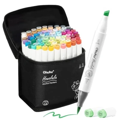 Abbildung von Ohuhu Marker Stifte Set, Pinsel Stift mit 72 Farben Doppelseitige Farbspitz Chisel Alkoholmarker für Comics Manga Tip zum Skizzieren Kalligraphieren Zeichnen