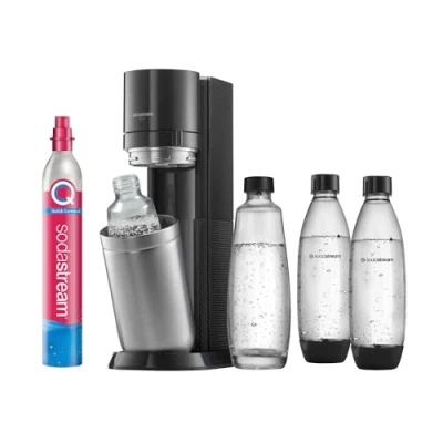 Abbildung von SodaStream Wassersprudler DUO mit CO2 Zylinder, 2x 1L Glasflasche und spülmaschinenfeste Kunststoff Flasche, Höhe: 44cm, Farbe: Titan, 29x25.6x44.4