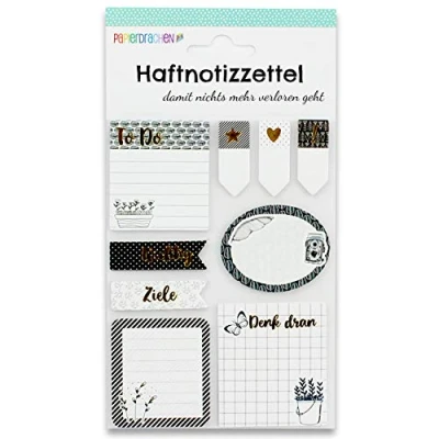 Abbildung von Papierdrachen Bullet Journal Sticky Notes Schwarz weiß 9 verschiedene Blöcke Haftnotizen Klebezettel To do Wochenübersicht viele hilfreiche Notizzettel für dein Notizbuch Set 2