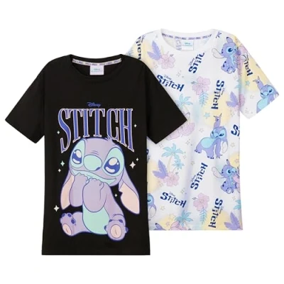 Abbildung von Disney Stitch T Shirt Mädchen mit Rundhalsausschnitt 2er Pack Sachen (Schwarz/Weiß, 13 14 Jahre)