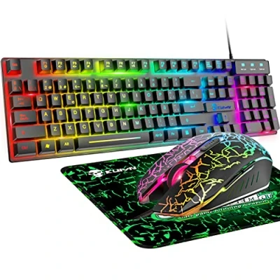 Abbildung von Gaming Tastatur und Maus, RGB Hintergrundbeleuchtung, ergonomisch, USB, mechanische Haptik, + 2400 dpi, 6 Tasten, optische Regenbogen LED USB Maus gratis Mauspads für PC, PS4
