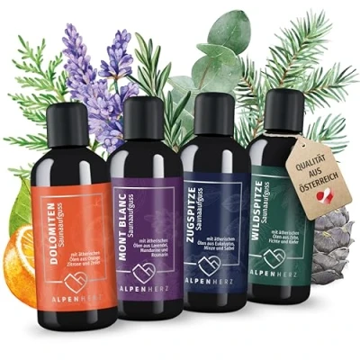 Abbildung von ALPENHERZ Saunaaufguss Set 100% naturrein 4x 100ml mit ätherische Öle aus Lavendelöl, Eukalyptusöl, Zirbenöl &amp; Minze Saunadüfte Aufgussmittel Saunaöl Sauna Zubehör Saunaduft Aufguss Geschenkset
