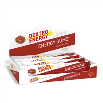 Abbildung von DEXTRO ENERGY GUMS COLA + KOFFEIN 360g (8 Stück) Fruchtgummi, schnell verfügbaren Kohlenhydraten, für intensive Workouts, Koffeinkick und Ausdauer, Kaubares Liquid Gel, ohne Gelatine, vegan