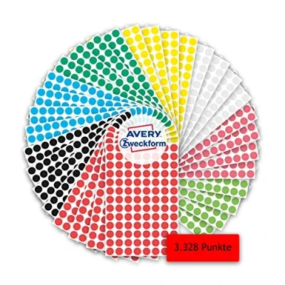 Abbildung von AVERY Zweckform 59994 selbstklebende Markierungspunkte 3.328 Stück (Ø8mm, 8 Farben mit je 416 Klebepunkten auf 4 Bogen, Farbcodierung, runde Aufkleber für Kalender, Planer und zum Basteln, Papier)