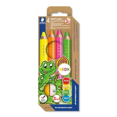 Abbildung von STAEDTLER 3in1 Buntstift Noris junior (Bunt , Wachsmal und Aquarellstift, extra bruchsicher, ideal für Kinder, viele Oberflächen, Kartonetui mit 4 Farben inkl. Spitzer), 140 C4 P1