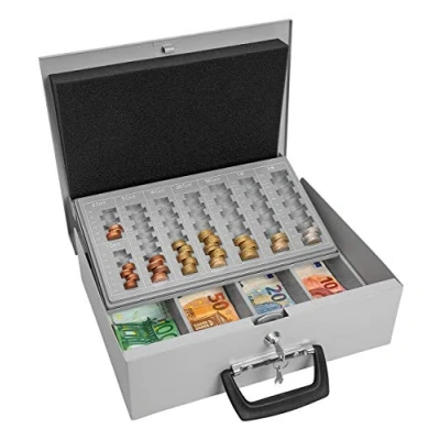 Abbildung von Wedo 150100837 Geldzählkassette Universa (aus Stahlblech, für Hart und Papiergeld, mit zwei Tragegriffen 4 Fächereinsatz Geldscheine, 35,5 x 27,5 10 cm) lichtgrau