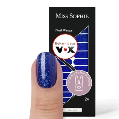 Abbildung von Original Miss Sophie Nagelfolien Starry Night I 24 ultra dünne Nagellack Streifen mit Glitzer in Blau Für Finger &amp; Fußnägel Hält auf Natur sowie lackierten, Acryl , Gel Shellac Nägeln
