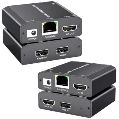 Abbildung von YOUTINGHDAV HDMI USB KVM Extender, Lossless Latency Extender over IP Ethernet up to 150M via CAT6 / CAT5e,Plug and Play,Support 1080P@60Hz, Loop Out, POE, Mouse Keyboard Remote Control PC