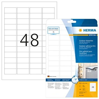 Abbildung von HERMA 9531 Wetterfeste Folienetiketten, 10 Blatt, 45,7 x 21,2 mm, 48 pro A4 Bogen, 480 Stück, selbstklebend, bedruckbar, matt, blanko Outdoor Klebeetiketten Aufkleber aus Polyethylen, weiß