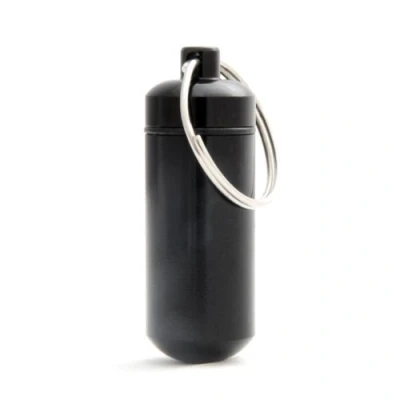Abbildung von Pillen Dose, Box, Aluminium Kapsel, Schlüssel Anhänger mini, wasserdicht, Farbe: schwarz, Höhe: 45mm