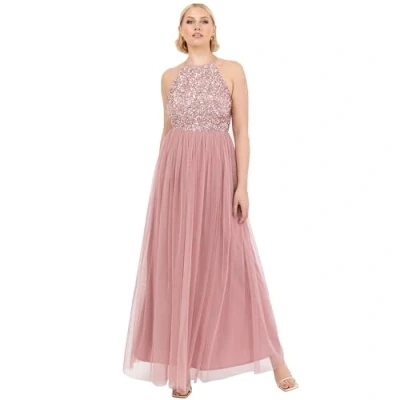 Abbildung von Maya Deluxe Damen Womens Ladies Bridesmaid Maxi Dress Halter Neck Sequin Embellished Prom Graduation Wedding Brautjungfernkleid, Vintage Rosenmuster, 34
