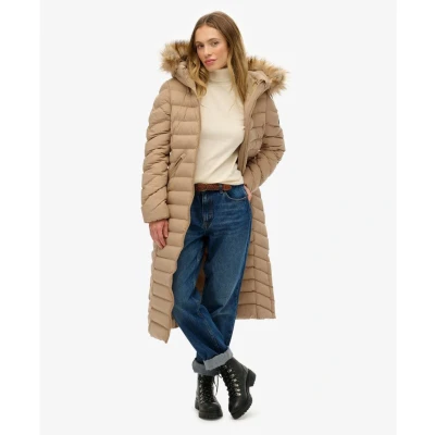 Abbildung von Superdry für Damen. W5012001A Fuji Kunstfellmantel mit Kapuze und langem Schnitt beige (S), Lässig, Polyester
