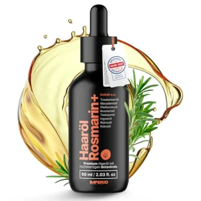 Abbildung von IMPERIO Haaröl Rosmarin+ gegen Haarausfall 60ml Premium Rosmarinöl &amp; weitere hochwertige Öle für Haare Kopfhaut zur Anregung des Haarwachstums 100% natürlich ohne Zusätze