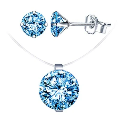 Abbildung von Yumilok Kette Damen Halskette Ohrringe Ohrstecker Schmuck Set mit Blau Zirkonia aus 926 Sterling Silber für Frauen