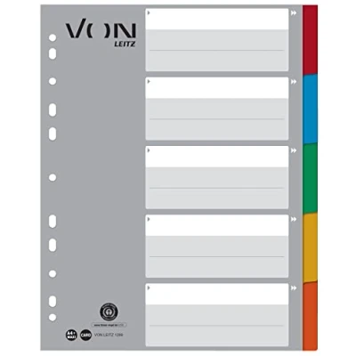 Abbildung von VON Leitz 10er Pack 5 teiliges Register A4, Blanko Trennblätter für Ordner, Extra breit, 100 % Recycling Karton, 11 Loch Universalregister, Mehrfarbig, 12890000