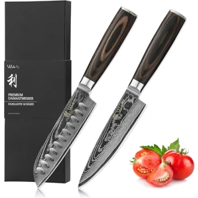 Abbildung von Wakoli EDIB Essentials 2er Damastmesser Set 12cm &amp; 13cm Klingen aus 67 Lagen Damaststahl Holzgriff Inklusive Geschenkbox Fingerschutz Premium Chef und Santokumesser
