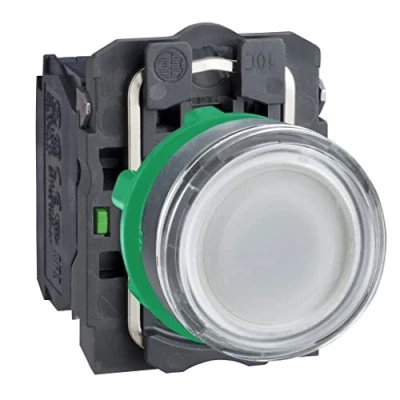 Abbildung von Schneider Electric XB5AW31B5 Leuchtdrucktaster, Harmony XB5, Kunststoff, weiß, 22mm, universelle LED, glatte Kalotte, 1S + 1Ö, 24V ACDC