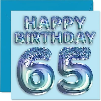 Abbildung von Stuff4 Geburtstagskarte zum 65. Geburtstag für Männer Blauer Glitzer Partyballon Happy Birthday Karten 65 Jahre alten Mann, Onkel, Großvater, Vater, Opa Oma, 145 mm x