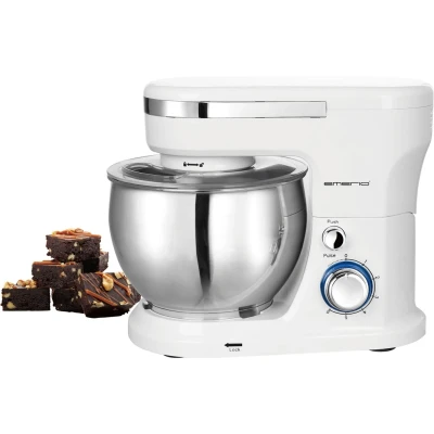 Abbildung von EMERIO Küchenmaschine Knetmaschine Rührmaschine mit 5L Edelstahlschüssel + 3 Rührwerkzeuge Spritzschutz Einfüllöffnung kraftvolle 1000 Watt Power 6 Geschwindigkeiten Pulse Retro KM 123117