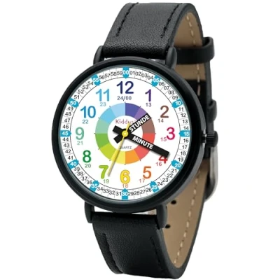 Abbildung von Kiddus Lernuhr für Kinder, Jungen und Mädchen, Analog Kinderuhr Lederarmband, erste Kinderarmbanduhr ab 5 Jahre, Stunde Minute beschriftet