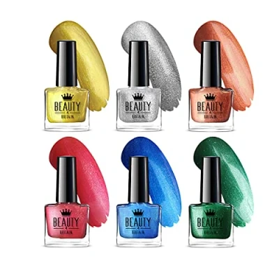 Abbildung von Beauty4Britain Glam &amp; Shimmer Nagellack Set 6 atemberaubende Farbtöne für lebendige, glänzende Nägel Langanhaltende Formel, je 10 ml