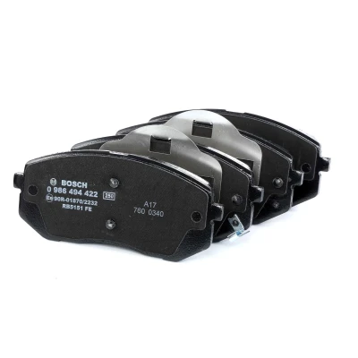 Abbildung von BOSCH 0 986 494 422 Bremsbelagsatz Low Metallic mit akustischer Verschleißwarnung Anti Quietsch Blech KIA: Sportage III, II, CARENS 3