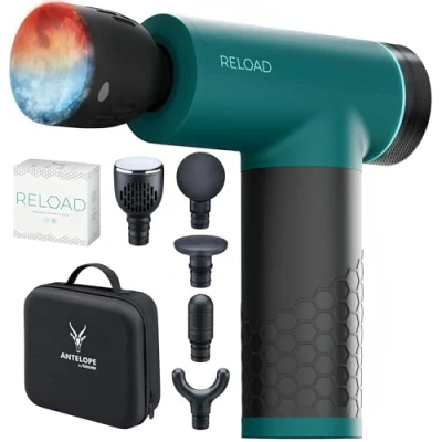 Abbildung von Antelope by Beurer RELOAD Massage Gun mit Wärme und Kältefunktion, Muskelmassagegerät für Triggerpunkte, 5 Massageköpfe, Intensitätsstufen bis 3000 U per min, kabellos, inklusiv Aufbewahrungskoffer