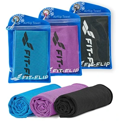 Abbildung von Fit Flip Kühlhandtuch 3er Set Cooling Towel und mikrofaser Kühltuch kühlendes Handtuch Airflip für Fitness Sport Ice (schwarz/blau/violett, 100x30cm)