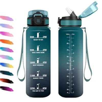 Abbildung von Sportflasche 1L, Auslaufsicher Trinkflasche mit Strohhalm, Wasserflasche Kohlensäure Geeignet, Motivierende Zeitmarkierung, für Klettern, Reisen, Fitnessstudio, Gym