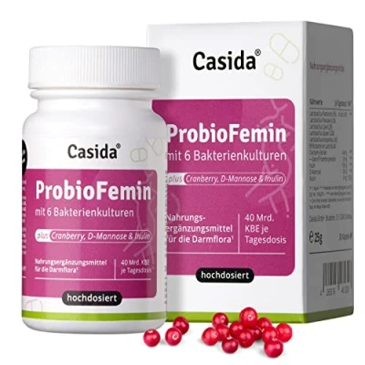 Abbildung von Casida® ProbioFemin Kapseln mit 6 Bakterienkulturen (40 Mrd KBE) plus Cranberry, D Mannose &amp; Inulin Ideal für FRAUEN Optimale Kombination die weibliche Gesundheit Aus der Apotheke 30 Kps.