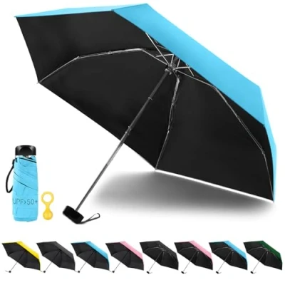 Abbildung von Vicloon Mini Regenschirm, Taschenschirme mit Regenschirmhaken, 6 Rippen, Aluminium Schirmständer, Sonnenschutz Regenschirm Im Freien UV Faltender Goldener Griff, Leicht Kompakt Blau
