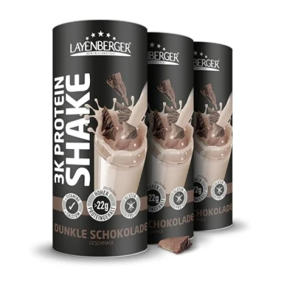 Abbildung von Layenberger 3K Protein Shake 74% Eiweiß und nur 4,3% Kohlenhydrate bei 9 g Zucker, (3x 360 g) Dunkle Schokolade