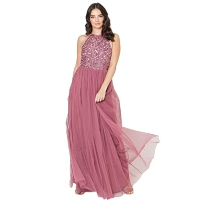 Abbildung von Maya Deluxe Damen Women&#039;s Bridesmaid Maxi Dress Halter Neck Sequin Embellished Prom Graduation Wedding Brautjungfernkleid, Desert Rose, 44 EU