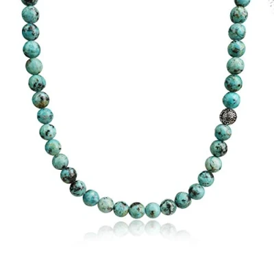 Abbildung von COAI Geschenkideen Herren Halskette aus Afrikanischem Türkis Perlenkette Bead Kette mit Chinesischer Langlebigkeit Charm Silber 55cm