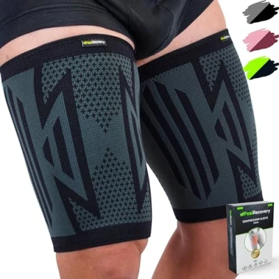 Abbildung von 2 Stück Oberschenkelbandage für Herren &amp; Damen Kompression Oberschenkel Bandage Kniesehne, Quad Leistenschmerzen, Muskelfaserriss Krämpfe Atmungsaktiv Rutschfest (L, Schwarz)