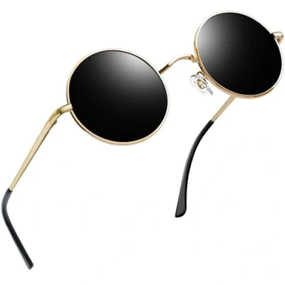 Abbildung von Joopin Retro Sonnenbrille Herren Rund Schwarz Polarisierte Runde Damen Vintage Steampunk Hippie Metallrahmen (Gold Schwarz)