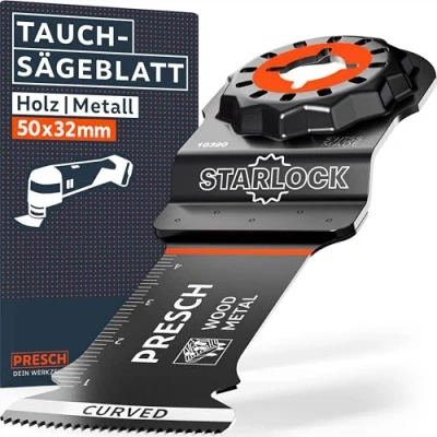 Abbildung von Presch Starlock Sägeblatt Holz &amp; Metall 50x32mm Multitool für werkzeuglosen Wechsel Exakte Schnitte dank robuster BI Zähne Curved Tec Design Präzises Tauchsägeblatt