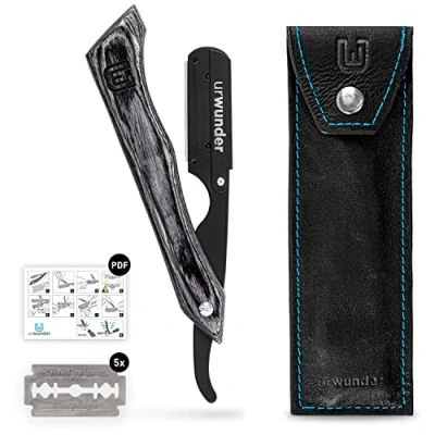Abbildung von Präzises Premium Rasiermesser + Hochwertiges Echtleder Etui Einfache Anleitungen Scharfe Wechselklingen urwunder Fangz Perfekt rasieren (Schwarz/Schwarz)
