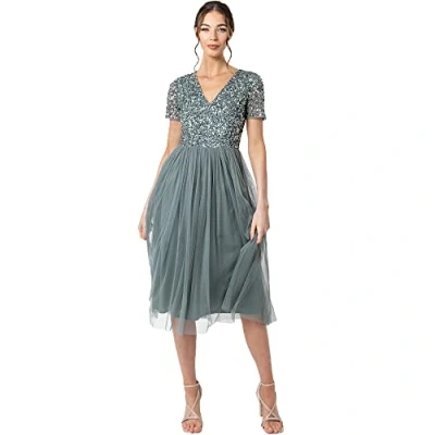 Abbildung von Maya Deluxe Damen Midi Kleid mit V Ausschnitt, Verziert Brautjungfernkleid, Grün (Misty Green), 52 EU
