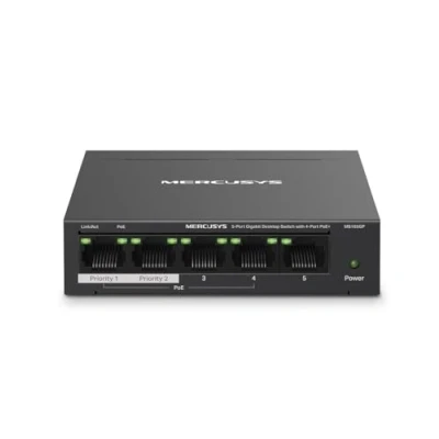 Abbildung von Mercusys MS105GP PoE Switch 5 Port Gigabit LAN mit 4 PoE+ Ports (65 Watt, IEEE 802.3af/at PoE, lüfterlos, Plug and Play, Robustes Metallgehäuse)