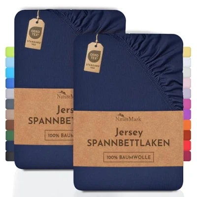 Abbildung von NatureMark 2er Pack Kinder Jersey Spannbettlaken, Spannbetttuch 100% Baumwolle in vielen Größen und Farben MARKENQUALITÄT ÖKOTEX Standard 100 70x140 cm Navy blau