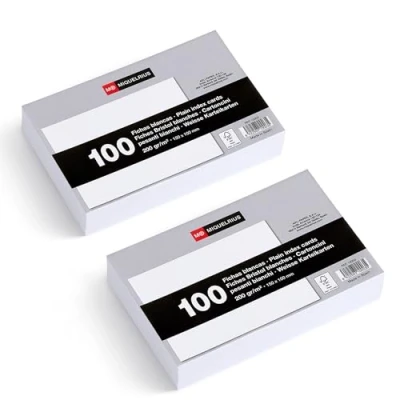 Abbildung von Miquelrius Karteikarten, 200 g/m², Lern und Vorbereitungskarten, Stück, glatte Karteikarten für Notizen, Größe 150 x 100 mm, Flashcards, Schul Bürobedarf