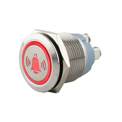 Abbildung von SeKi Edelstahl Drucktaster Ø19mm tastend flacher Kopfform farbig beleuchtetem Glocken Symbol in rot Schraubanschluss; Klingeltaster