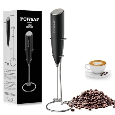 Abbildung von POWSAF Milchaufschäumer,Milchschäumer elektrisch mit Ständer, milchaufschäumer stab,13000 U/min, Milchschäumer für Kaffee, Latte, Cappuccino, Schwarz/Silbrig