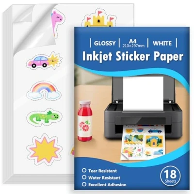 Abbildung von Euqvunn 18 Sheets Stickerpapier zum Selbst Drucken A4, Glänzend Weiß Wasserdicht Bedruckbares Vinyl Sticker Papier, Selbstklebende Vollseite für Inkjet Drucker, Schnelltrocknend, 210x297mm