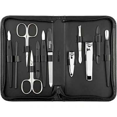 Abbildung von Solingen Mega Manikür Set 12 teilig Nagelset Herren und Damen mit allem was man für die Maniküre Pediküre braucht, in hochwertigem Kunst Leder Etui